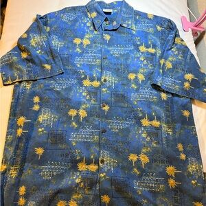 Casual Blue Palm-Print Short-Sleeve Button-Down Shirt